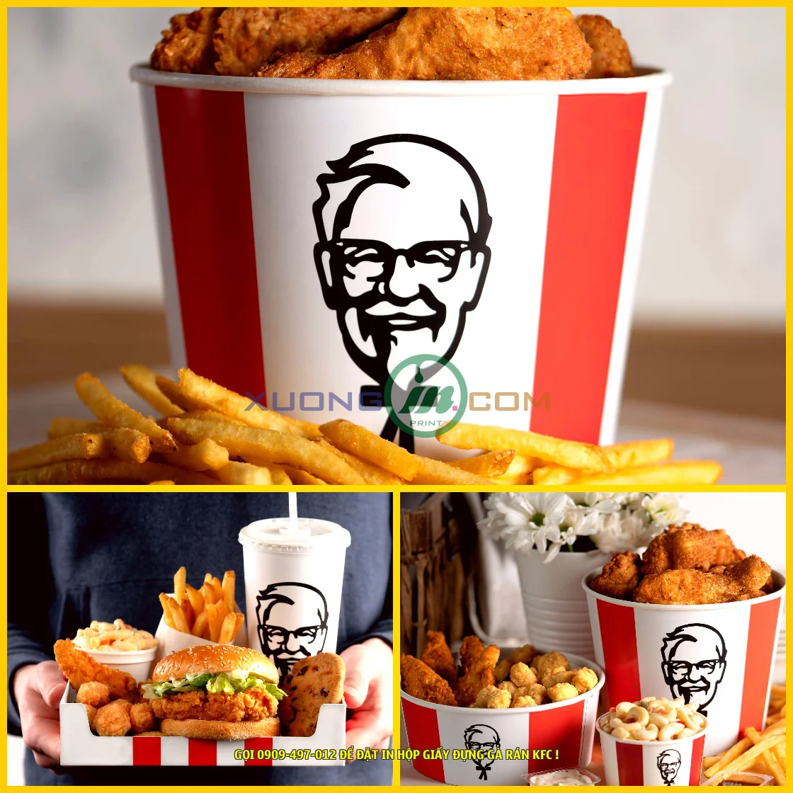 Hãy đến với các cửa hàng KFC để đặt hàng những miếng gà rán ngon lành và nhận ngay sản phẩm hộp đựng gà rán KFC của chúng tôi. Bạn sẽ không phải thất vọng về chất lượng và thiết kế của sản phẩm. Hãy nhanh tay, số lượng có hạn!