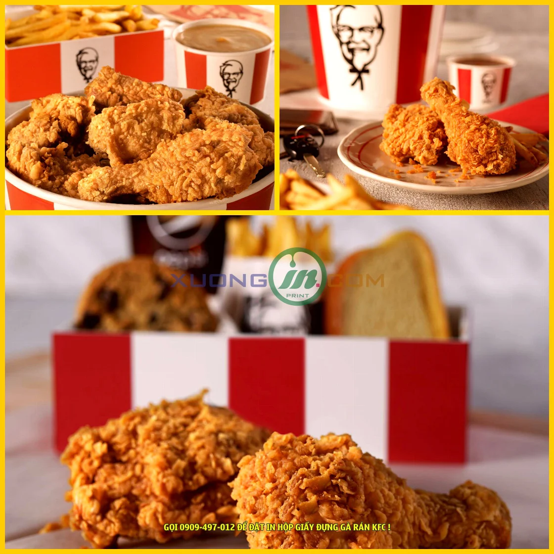 Hộp đựng gà rán KFC có thiết kế đẹp mắt, in logo và thông tin của KFC, giúp tạo ấn tượng tốt với khách hàng.