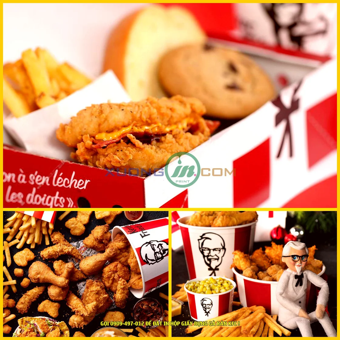 Hộp đựng gà rán KFC được sử dụng rộng rãi tại các cửa hàng KFC trên toàn thế giới. Hộp không chỉ giúp bảo quản gà rán tốt hơn mà còn là một công cụ quảng bá thương hiệu hiệu quả của KFC.