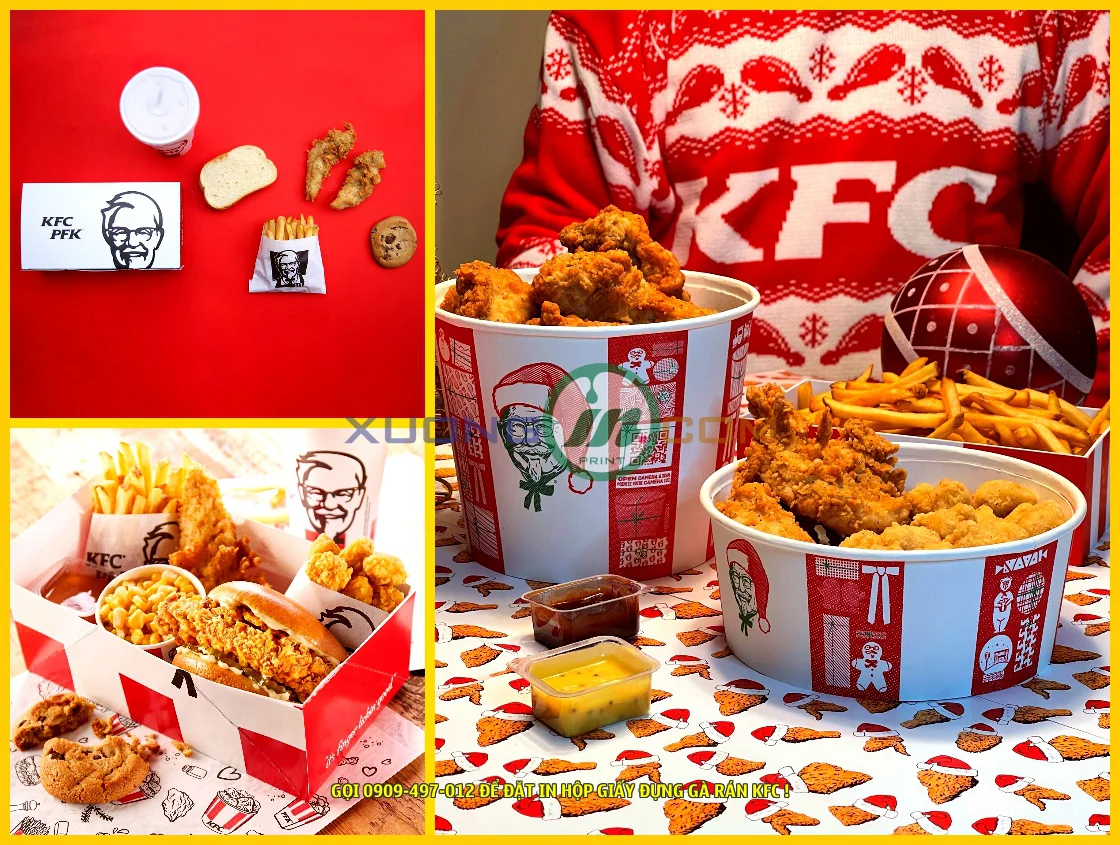 Hộp giấy đựng gà KFC an toàn cho sức khỏe với chất liệu giấy như kraft, couche chất lượng cao, mực in an toàn. Với đồ ăn nóng hay đồ ăn để lâu chất liệu giấy hộp đựng gà không có phản ứng và bị thay đổi.